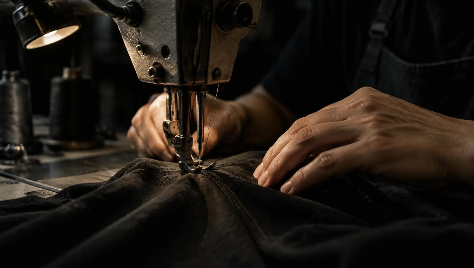 Hands guiding black cotton fabric under a sewing machine needle