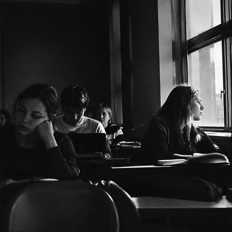 Students in a classroom, distracted and staring out the window