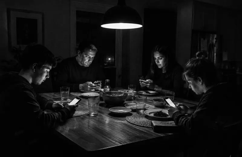 Family at a dinner table, everyone looking at their phones