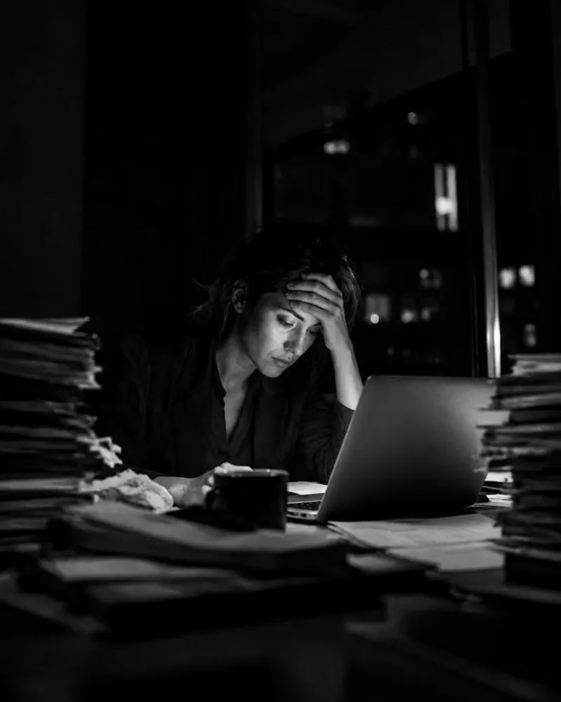 Office worker overwhelmed at her desk late at night, surrounded by stacks of paper